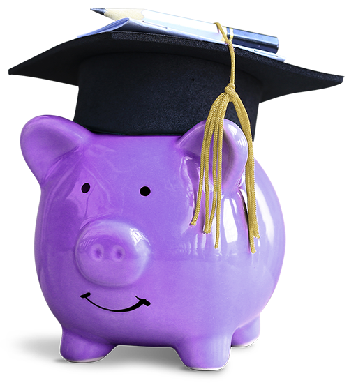 purple ceramic piggy bank with a graduation cap on